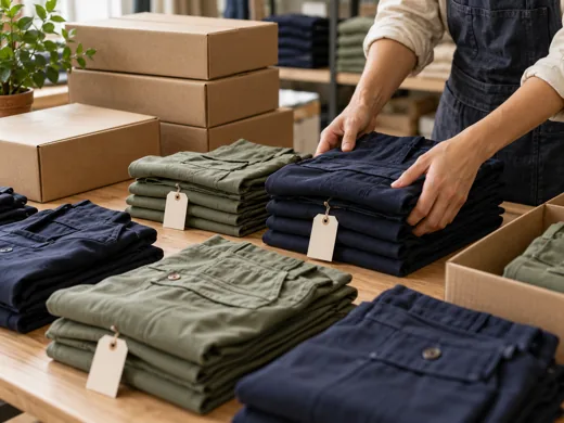 Preparación de prendas dobladas y cajas para la entrega