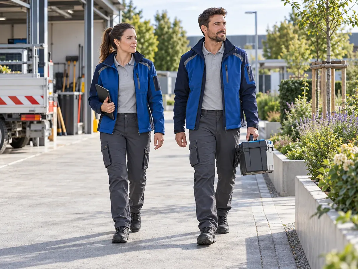 Equipo técnico con chaquetas azules y pantalones grises