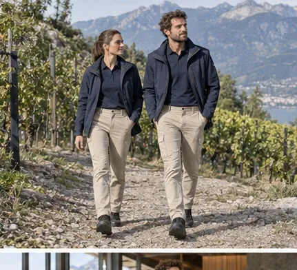 Visita y viñedo: Camisa cuidada · pantalón coordinado · capa exterior técnica · Bodegas & Enoturismo