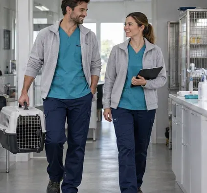 Clínica en color: Casaca fàcil de cuidar · pantaló · capa per a visites · Clíniques veterinàries