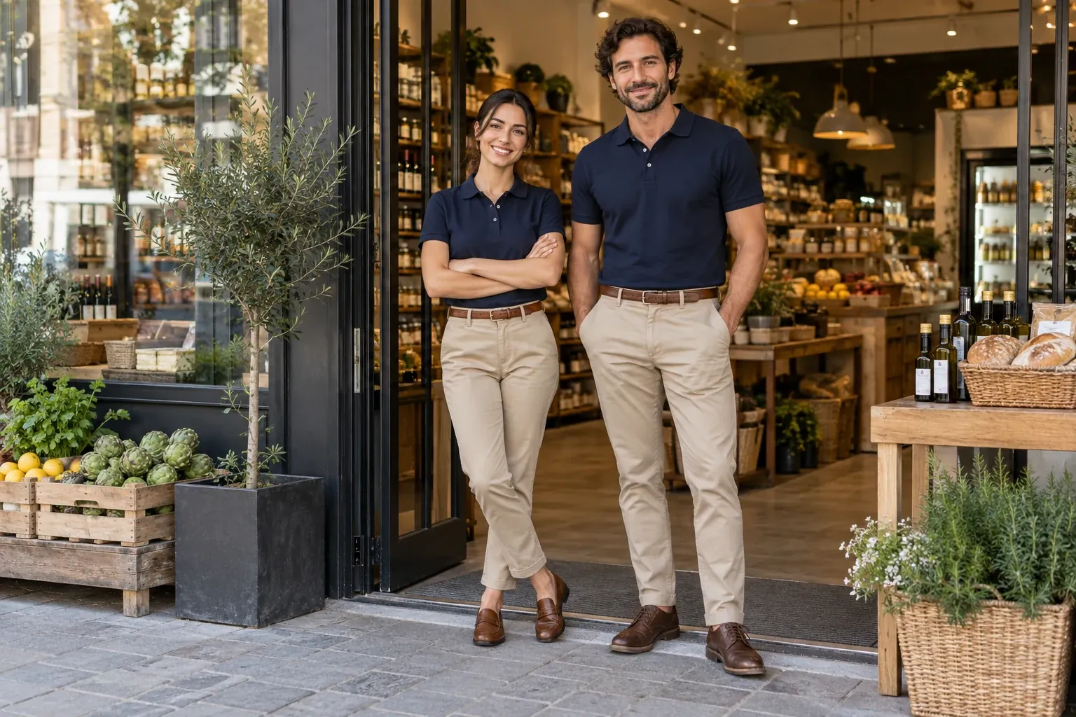 Atención cotidiana: Polo de buen corte · chino · capa ligera opcional · Comercio & Alimentación