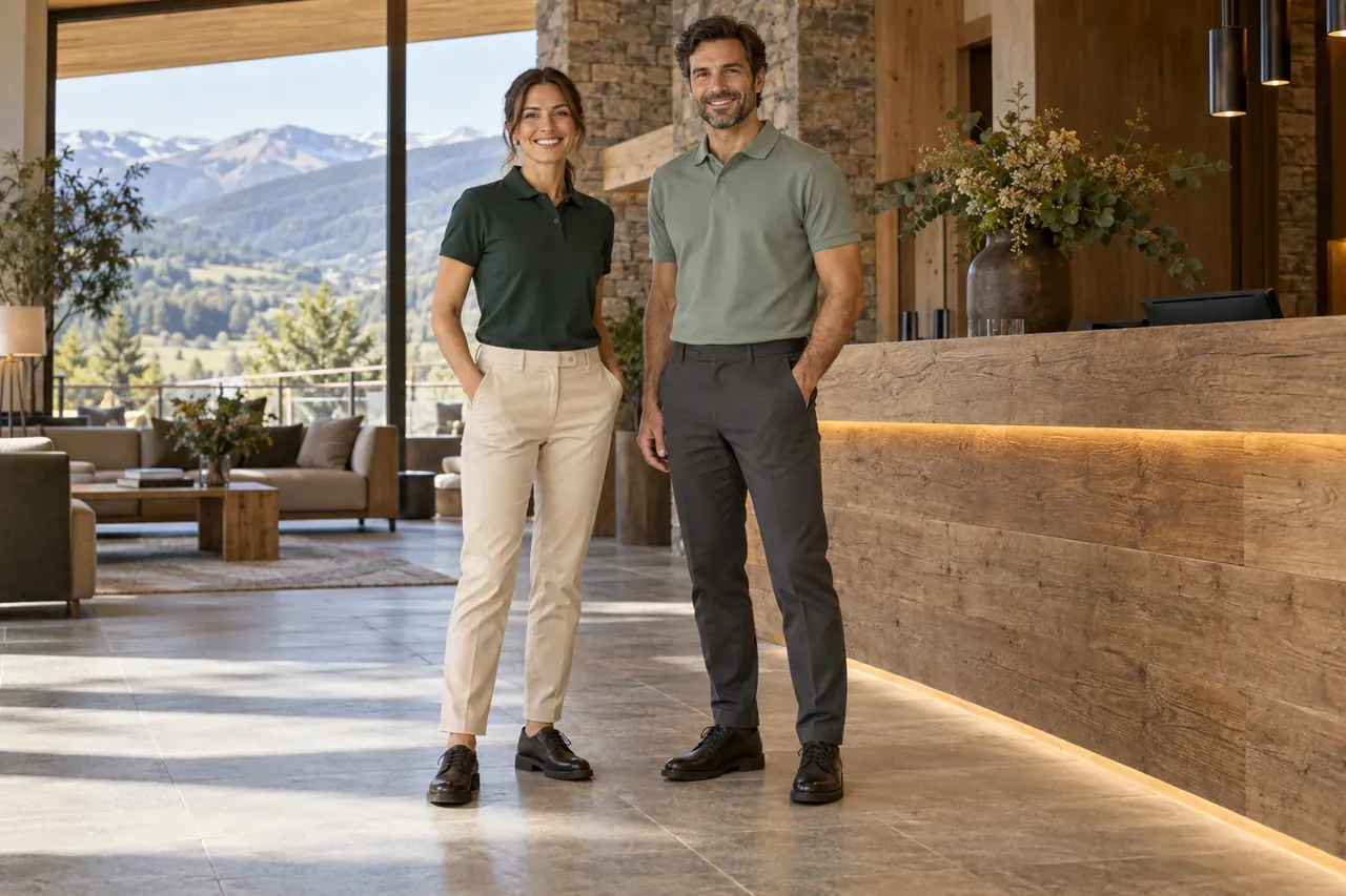 La bienvenida empieza aquí, propuesta de uniforme de hombre y mujer
