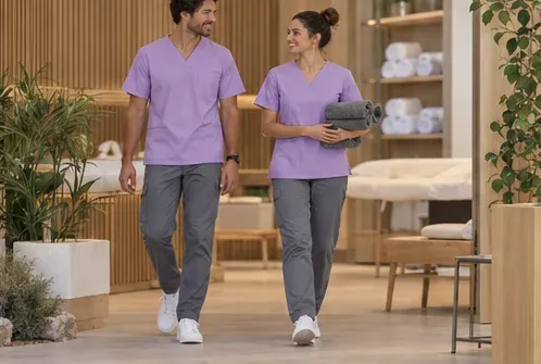 Equipo cercano: Casaca de color · pantalón fácil de cuidar · bata opcional · Salud y bienestar