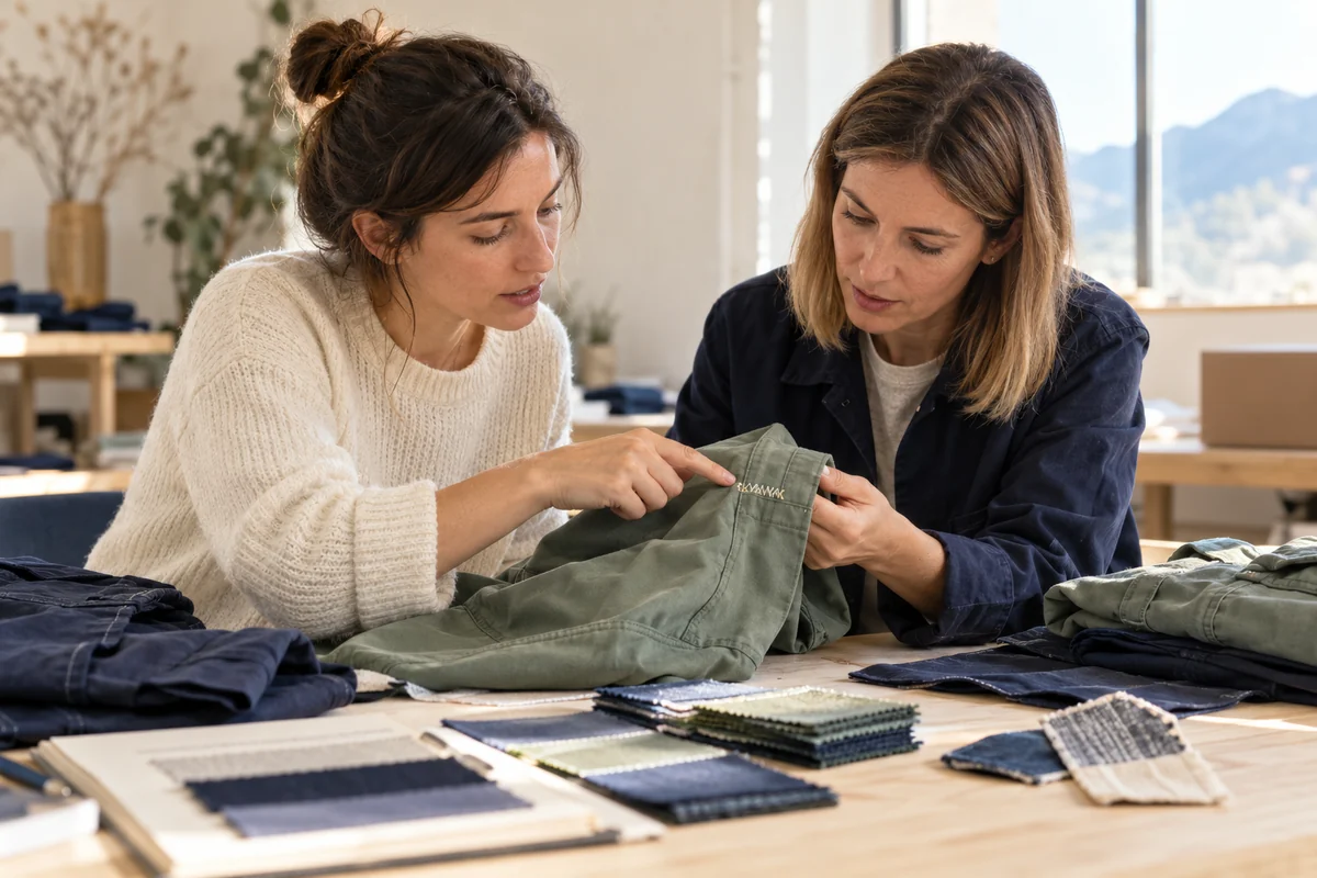 Asesora y cliente revisando la personalización de prendas de trabajo